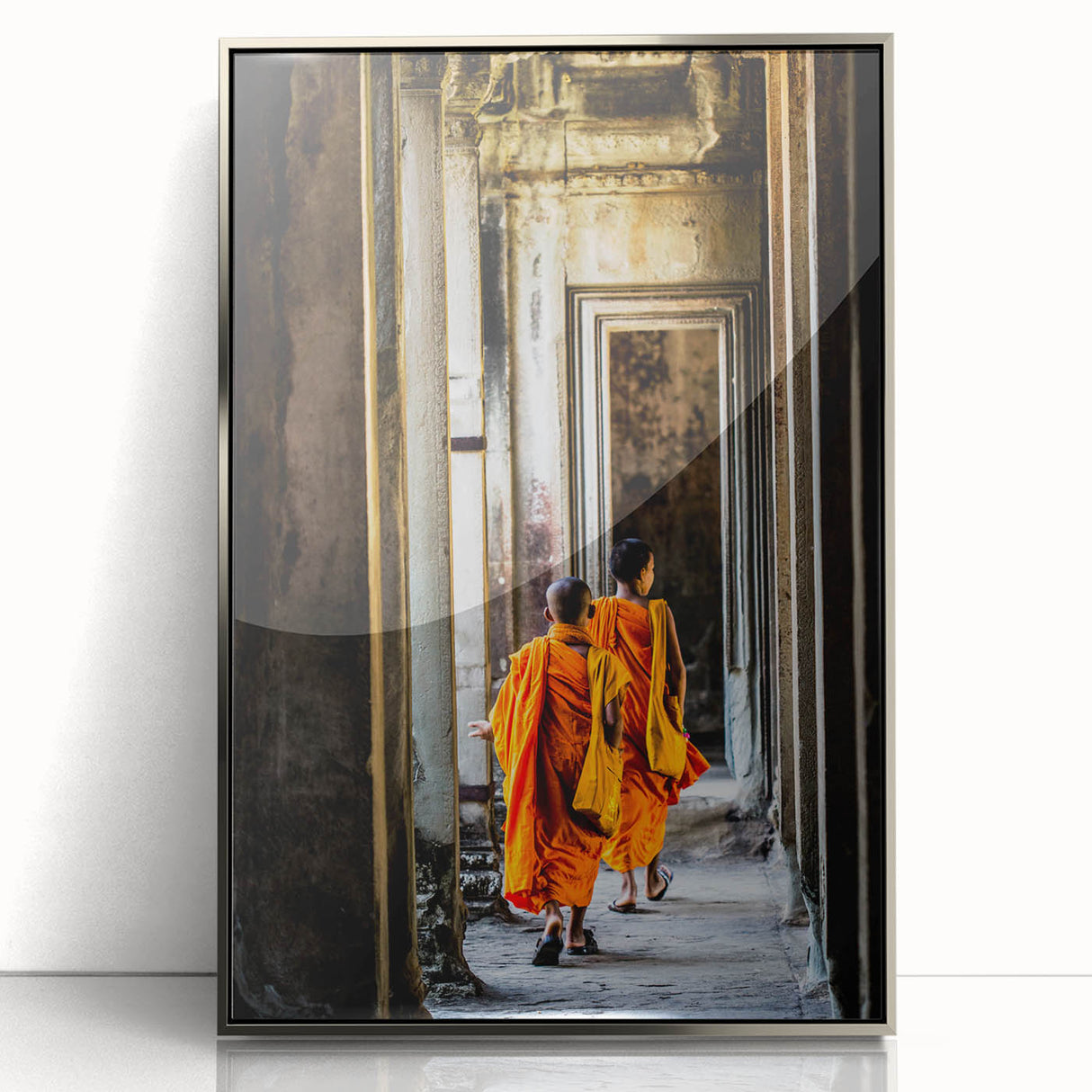 Mid-century modernist art depicting a Cambodian landscape in muted earth tones on a framed acrylic print.
