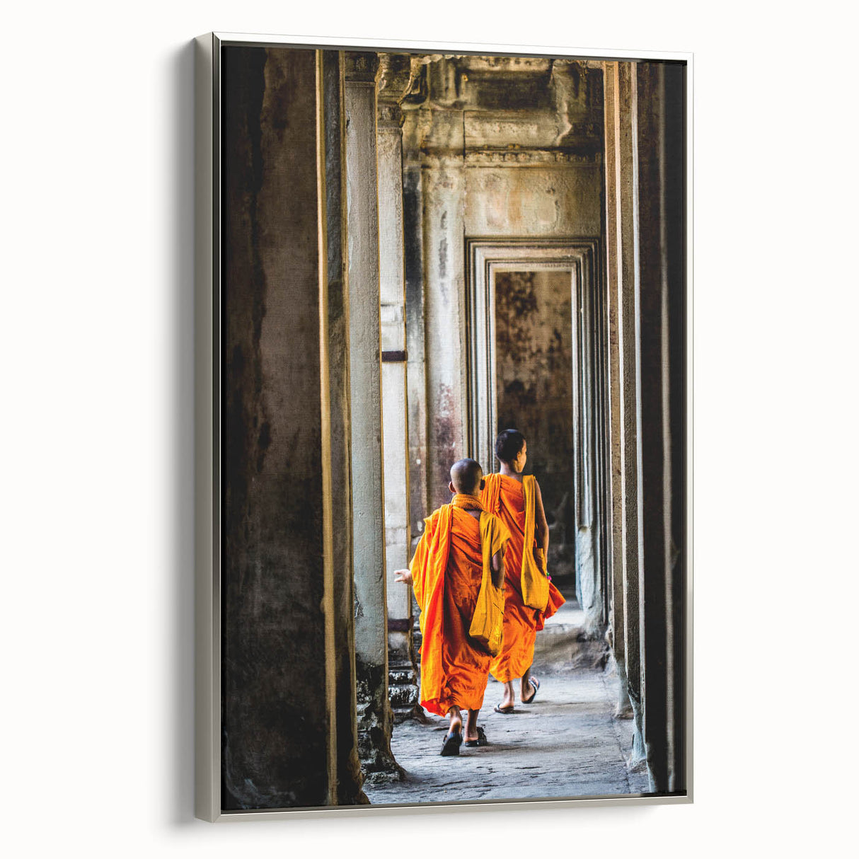 Framed canvas featuring a vintage-style landscape painting of a Cambodian scenery, with vibrant colors on a black background.