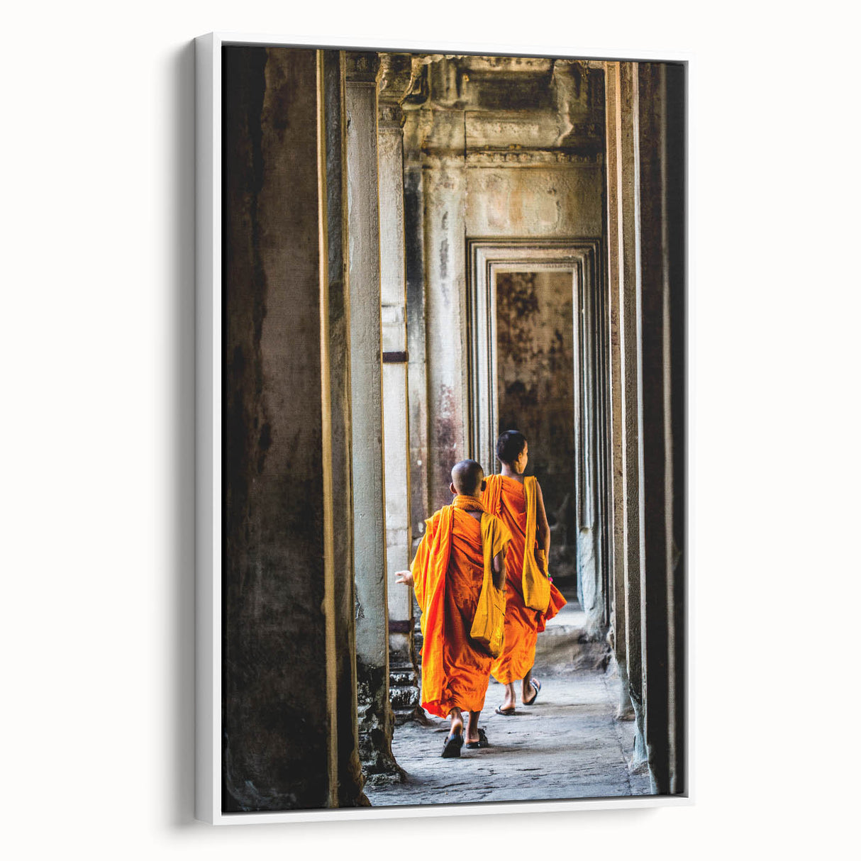 Vintage poster art of a Cambodian scenery on a large framed canvas, featuring vibrant colors against a black background.