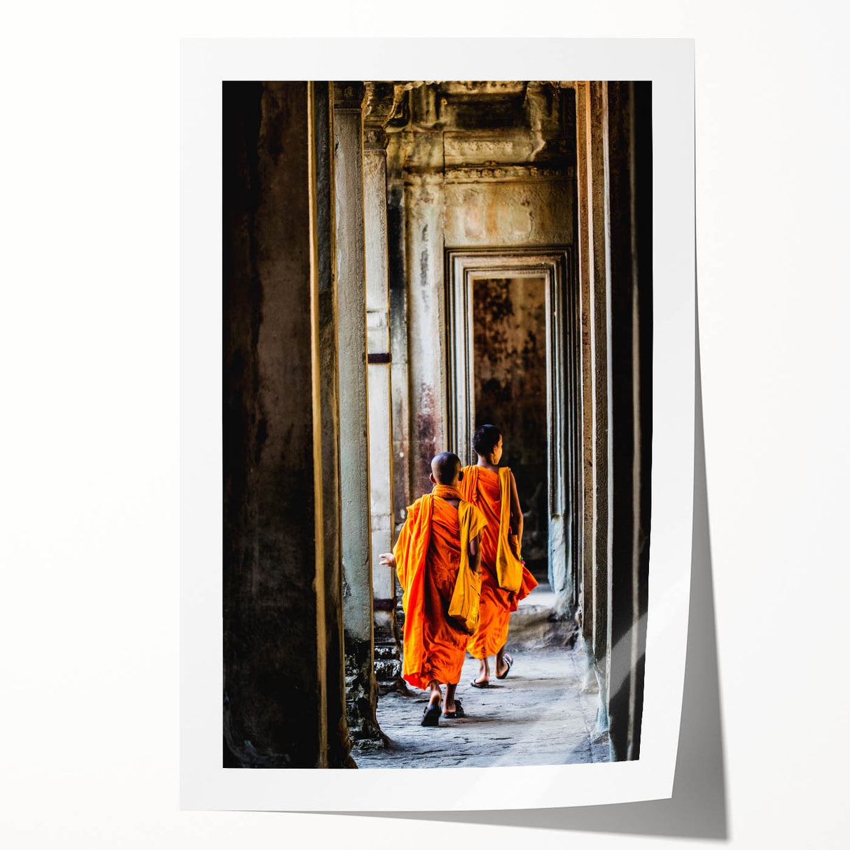 Extra large rolled print of a Cambodian landscape with lush greenery and temples, in muted earth tones.