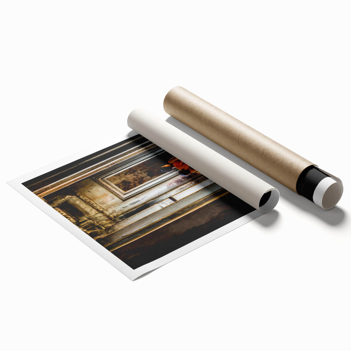 Extra large rolled print depicting a serene Cambodian landscape with lush florals in soft green and blue tones.