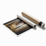 Extra large rolled print depicting a serene Cambodian landscape with lush florals in soft green and blue tones.