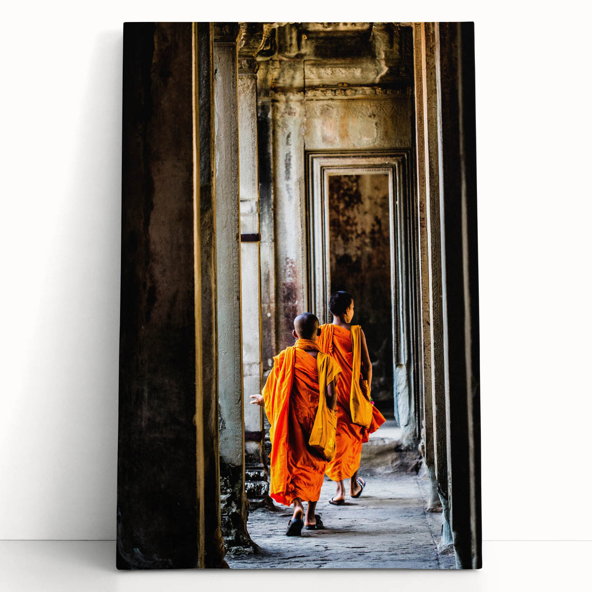 Black and white photograph of Angkor Wat on stretched canvas, ideal for kitchen wall art or bedroom ambiance.