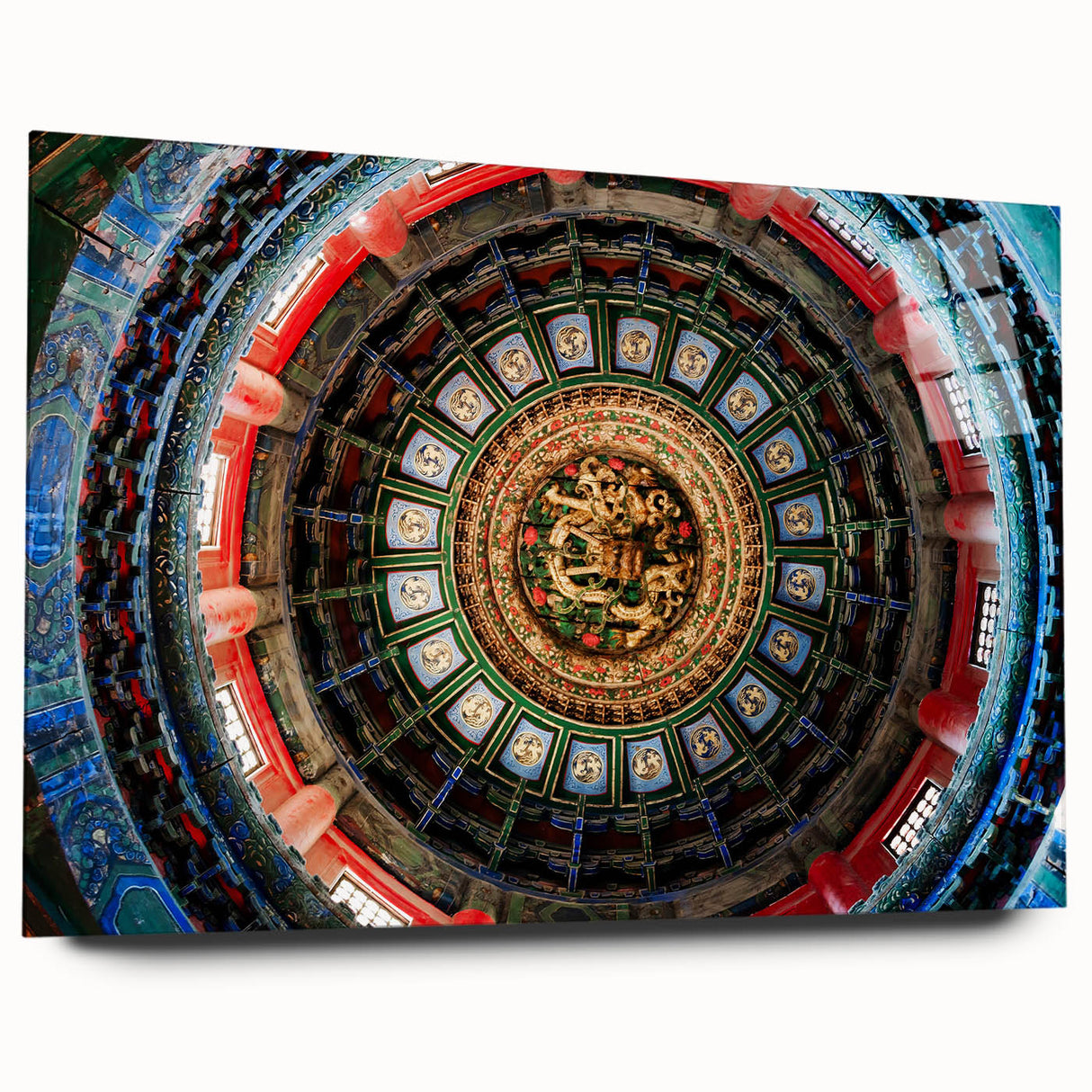 Large abstract depiction of Beijing skyline in muted earth tones on acrylic glass, ideal for bedroom or dining room art.
