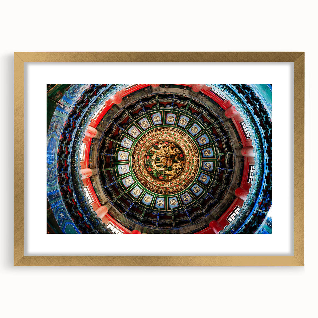 Extra large abstract art print of a textured Beijing cityscape in muted gold tones, framed with mat.