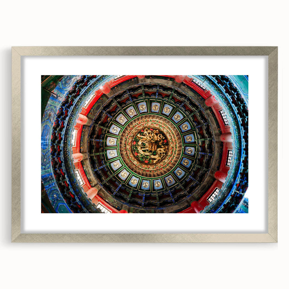 Textured abstract art print of Beijing scenery in muted earth tones, framed with a silver mat, suitable for bedroom decor.