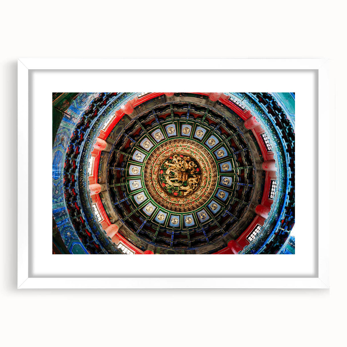 Abstract art print of Beijing cityscape in muted gray and blue tones on a white framed mat, ideal for dining room decor.