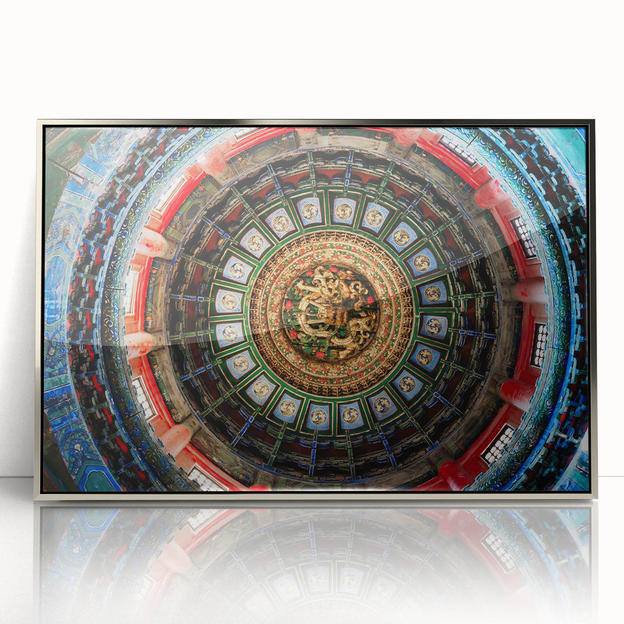 Mid-century modernist art depicting Beijing scenery in muted earth tones on a framed acrylic print.