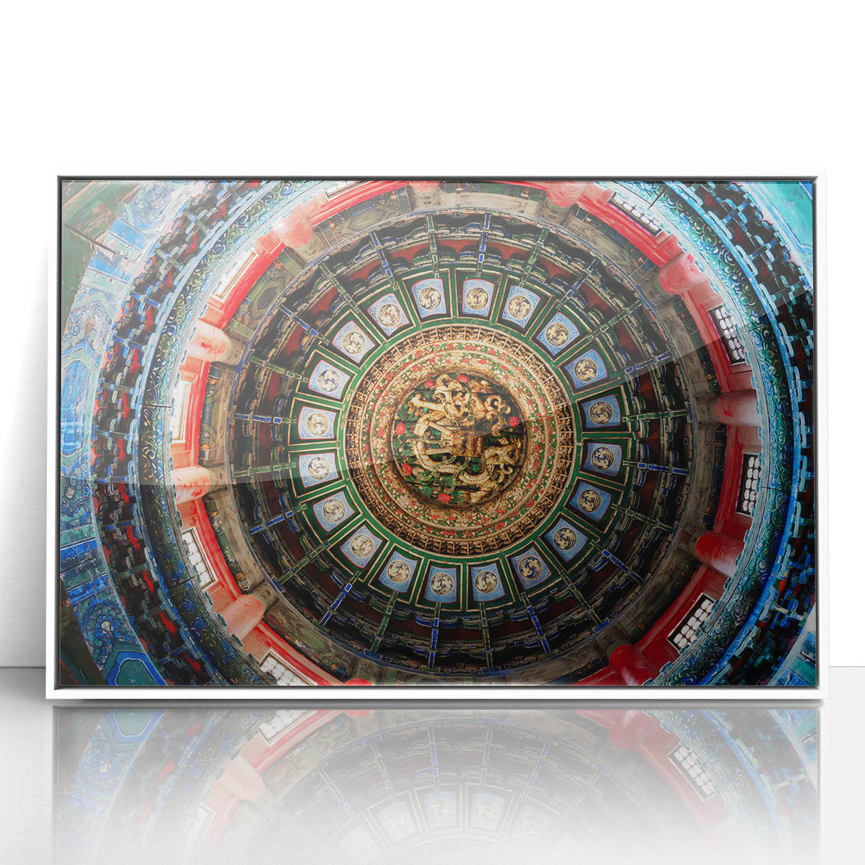 Acrylic print of Beijing skyline in art deco style with muted blue and gray tones, ideal for modern art wall decor.