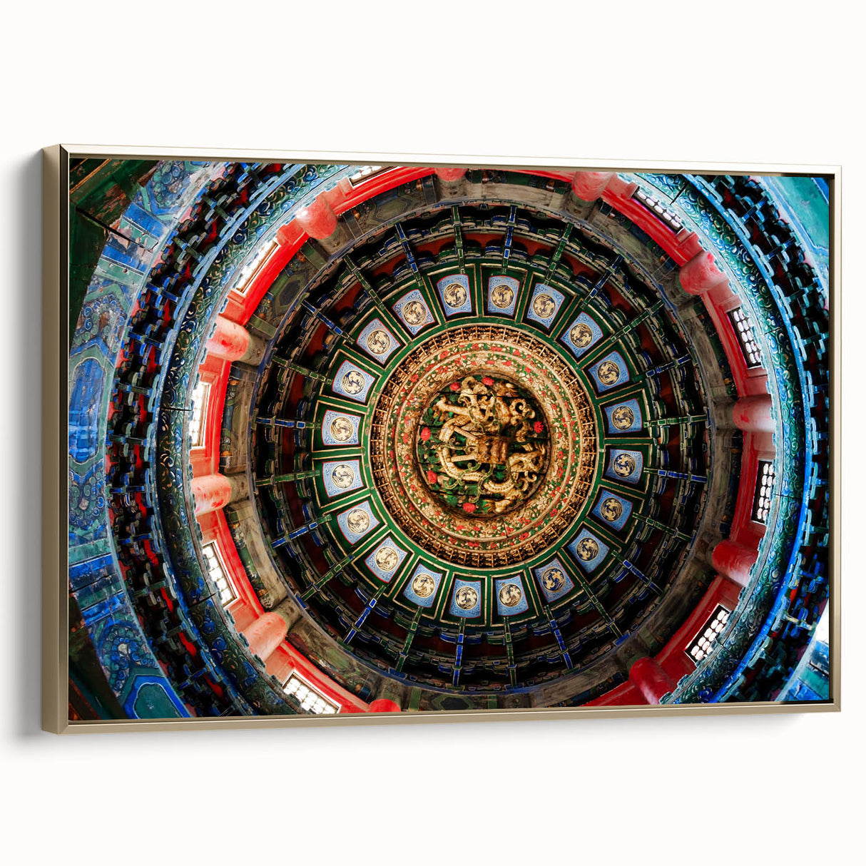 Framed canvas featuring a vintage-style landscape of Beijing with dominant black and gold tones, ideal for bedroom wall art.