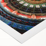 Art deco poster of Beijing skyline in muted gold and blue tones on rolled canvas, suited for dining room wall art.