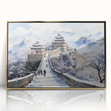 Acrylic print of the Great Wall of China in muted earth tones, framed in gold, suitable for modern art wall decor.