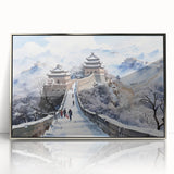 Mid-century modernist art of the Great Wall of China in muted earth tones on a framed acrylic print.