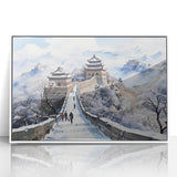 Acrylic print of the Great Wall of China in muted earth tones, framed in white, suitable for modern art wall decor.