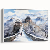 Vintage poster art of the Great Wall of China in colorful hues on a framed canvas, ideal for living room decor.