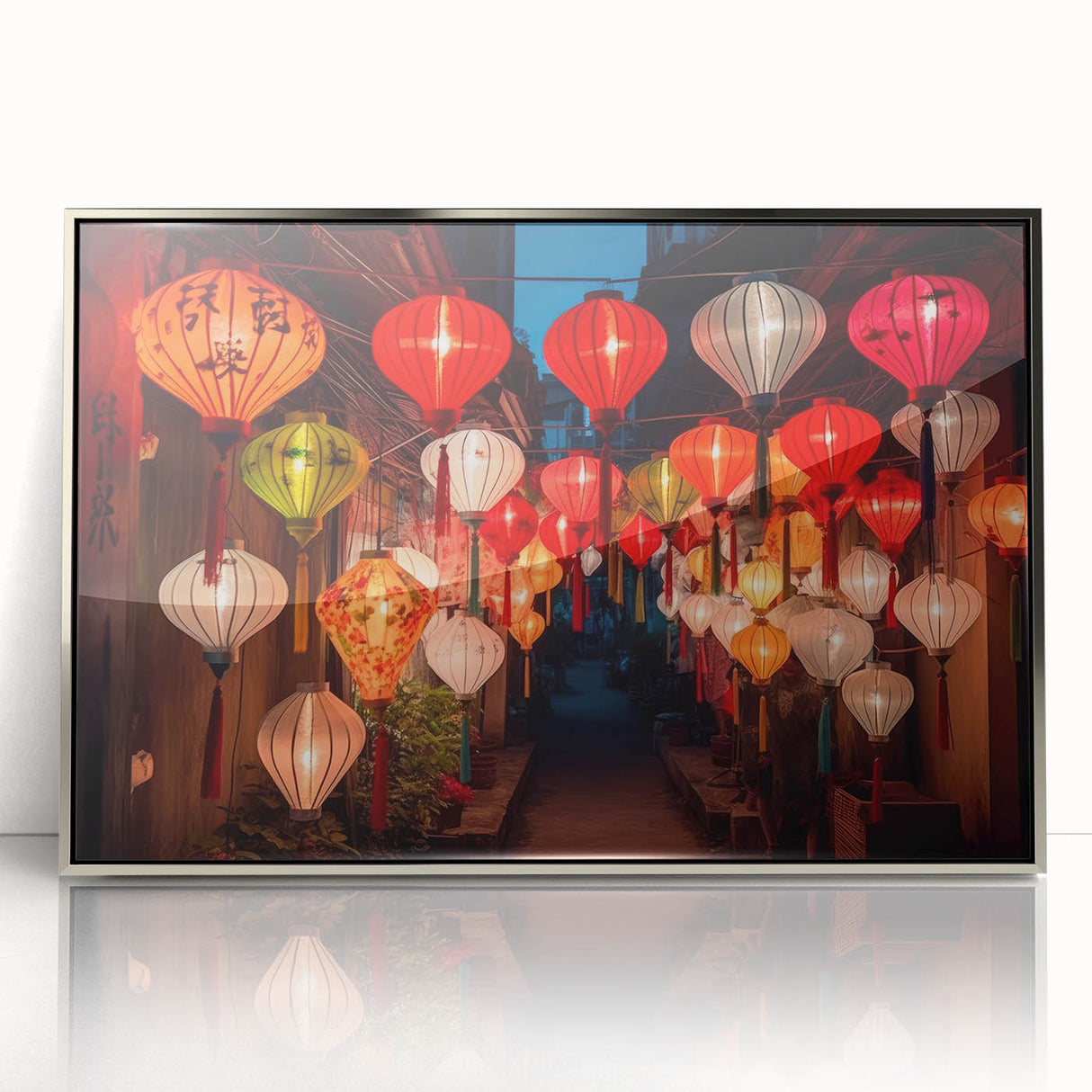 Mid-century modernist art depicting Shanghai skyline in muted silver tones on a framed acrylic print.