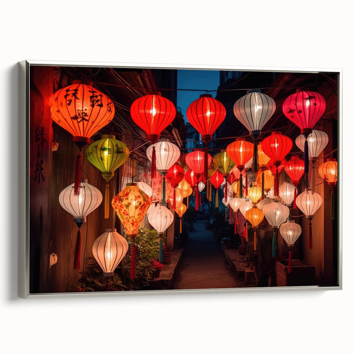 Framed canvas of a Shanghai landscape painting in vibrant colors on a black background, ideal for office decor.