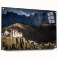 Large abstract wall art depicting a Tibetan landscape in muted earth tones on acrylic glass.