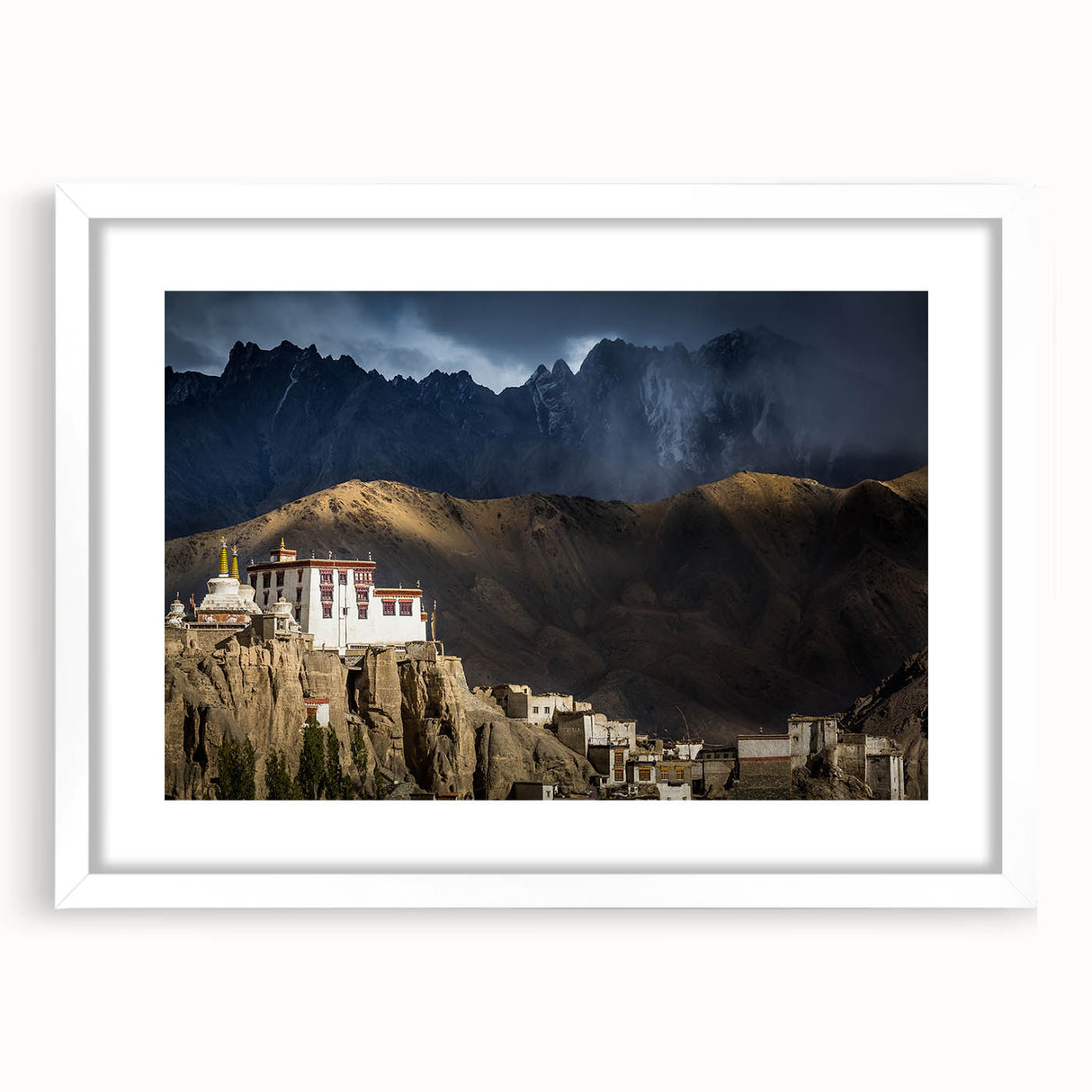 Abstract art print of Tibetan landscape in muted earth tones on a framed white mat.