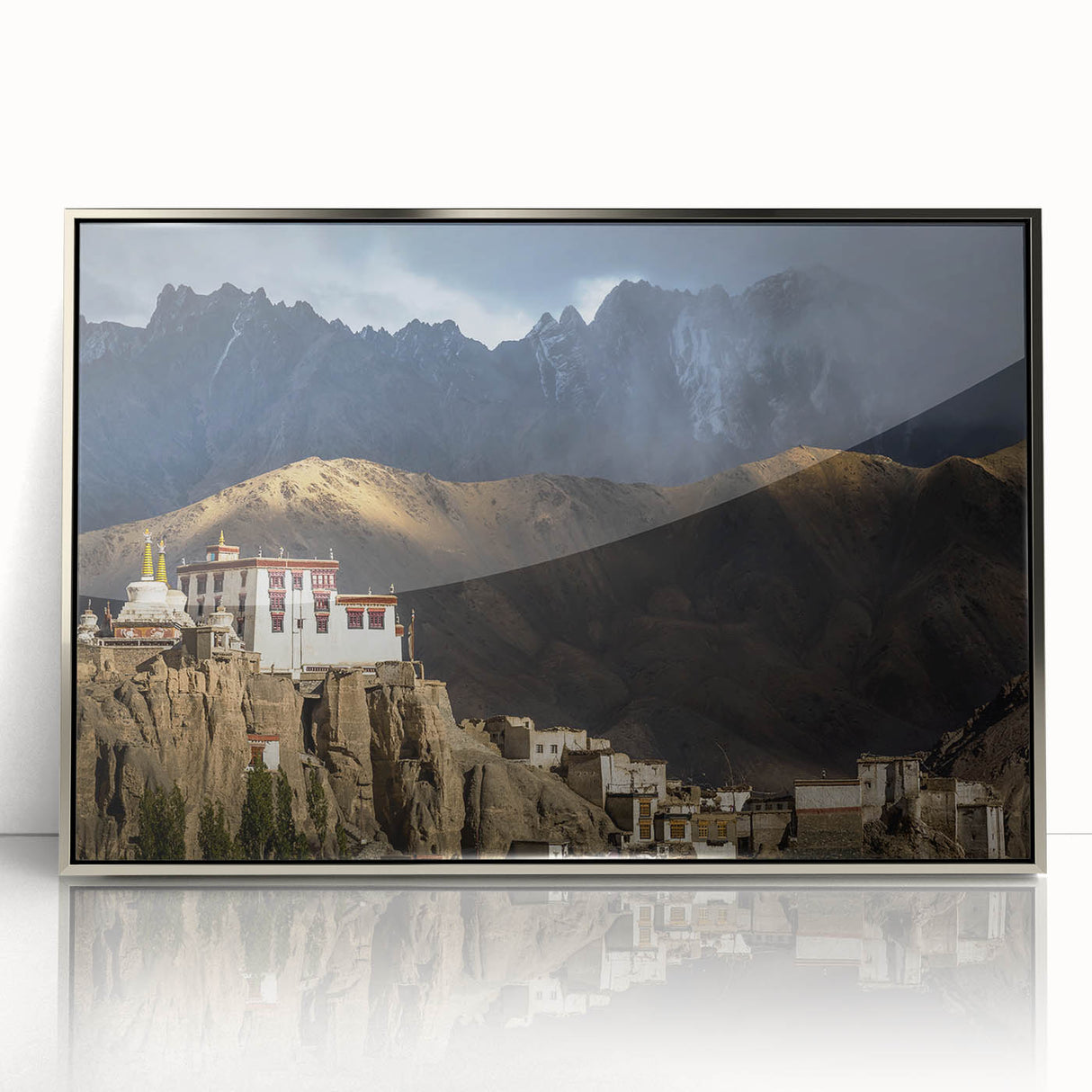 Mid-century modernist art depicting a serene Tibetan landscape in muted earth tones on a framed acrylic print.
