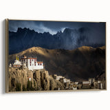 Framed canvas depicting a vintage-style landscape of Tibet in muted gold and black tones, ideal for bedroom wall art.
