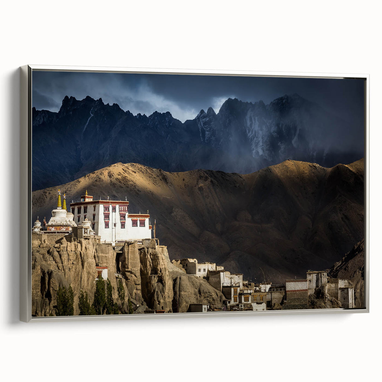 Framed canvas of a Tibetan landscape painting in vibrant colors on a black background, ideal for living room decor.