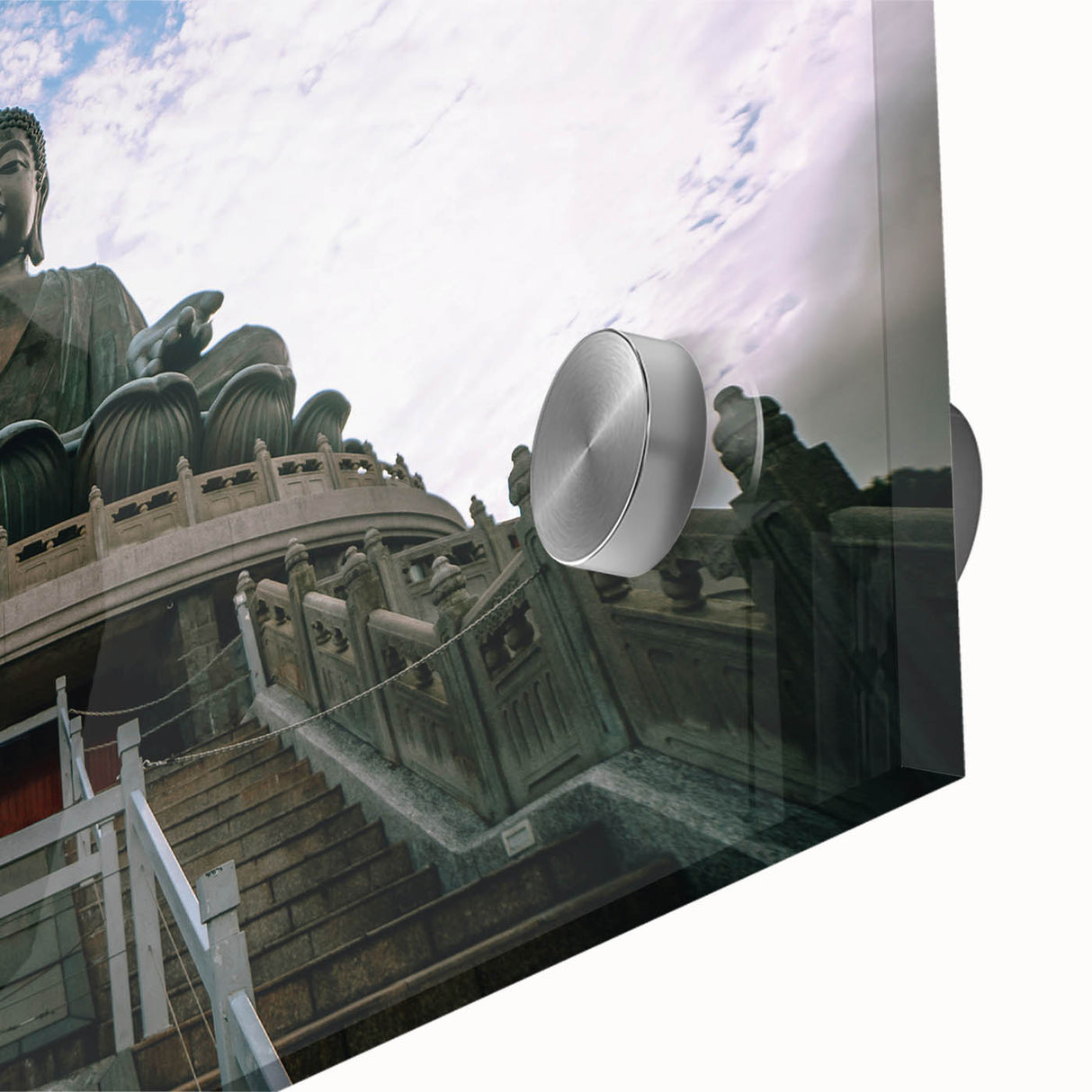 Large abstract depiction of Hong Kong skyline in muted gray and blue tones on acrylic glass.