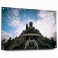 Acrylic print of a large abstract Hong Kong skyline in muted gray and blue tones.