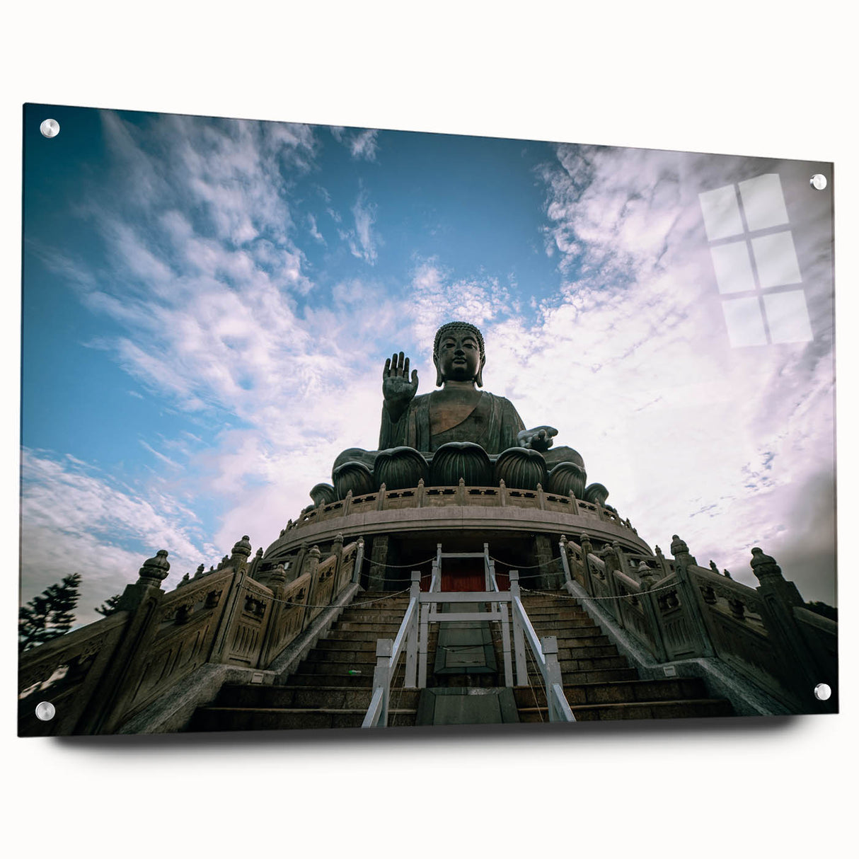 Acrylic print of a large abstract Hong Kong skyline in muted gray and blue tones.