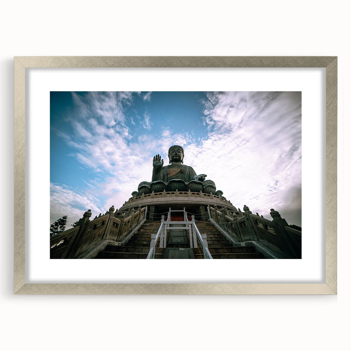 Textured art of Hong Kong skyline in abstract style, using muted gray and blue tones on a framed print with silver mat.