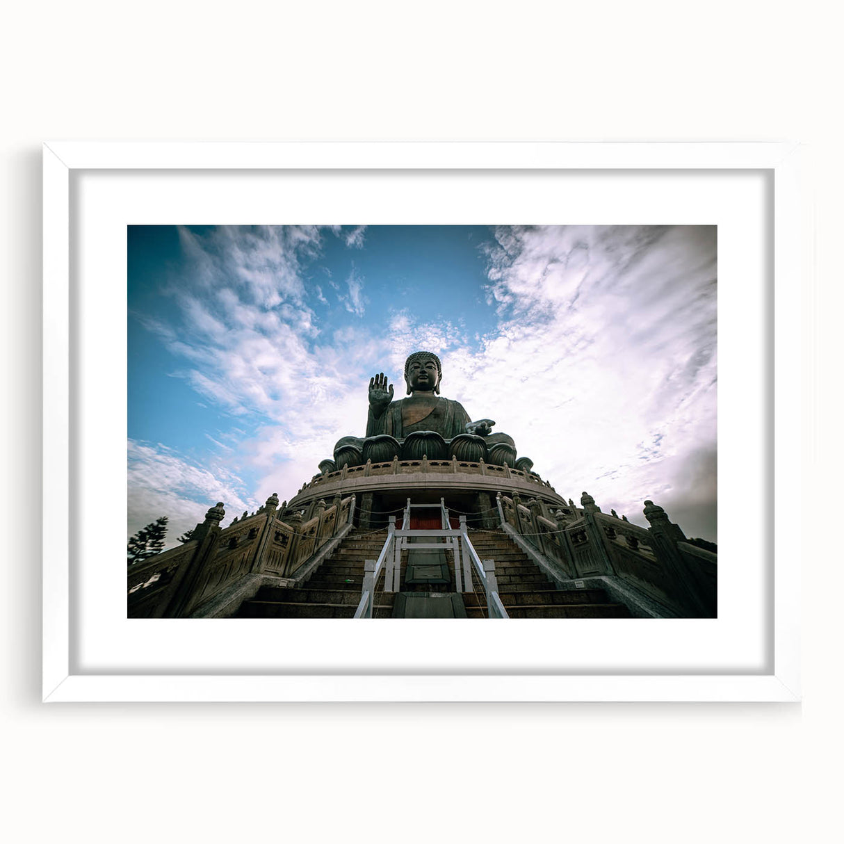 Abstract art print of Hong Kong skyline in muted gray and blue tones on a white framed poster, ideal for dining room decor.
