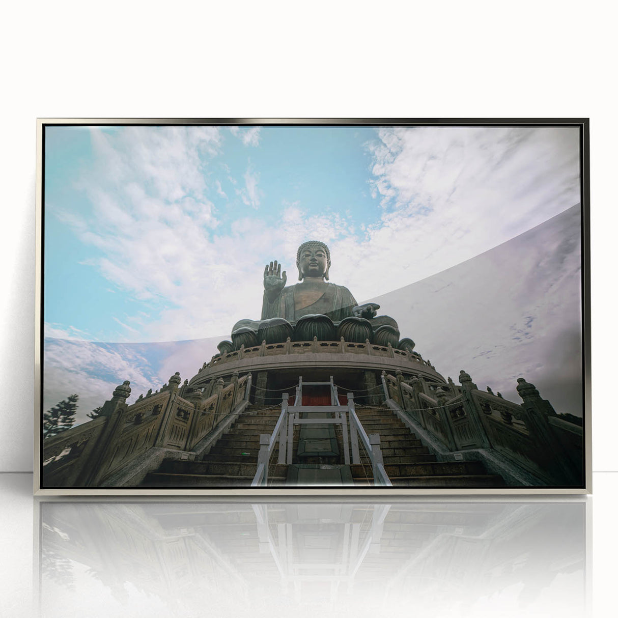 Mid-century modernist art depicting Hong Kong skyline in muted gray and blue tones on a framed acrylic print.