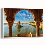 Vintage poster art of a colorful Indian landscape on a large framed canvas, ideal for living room decor.