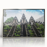 Mid-century modernist art depicting an Asian landscape in muted earth tones on a silver-framed acrylic print.
