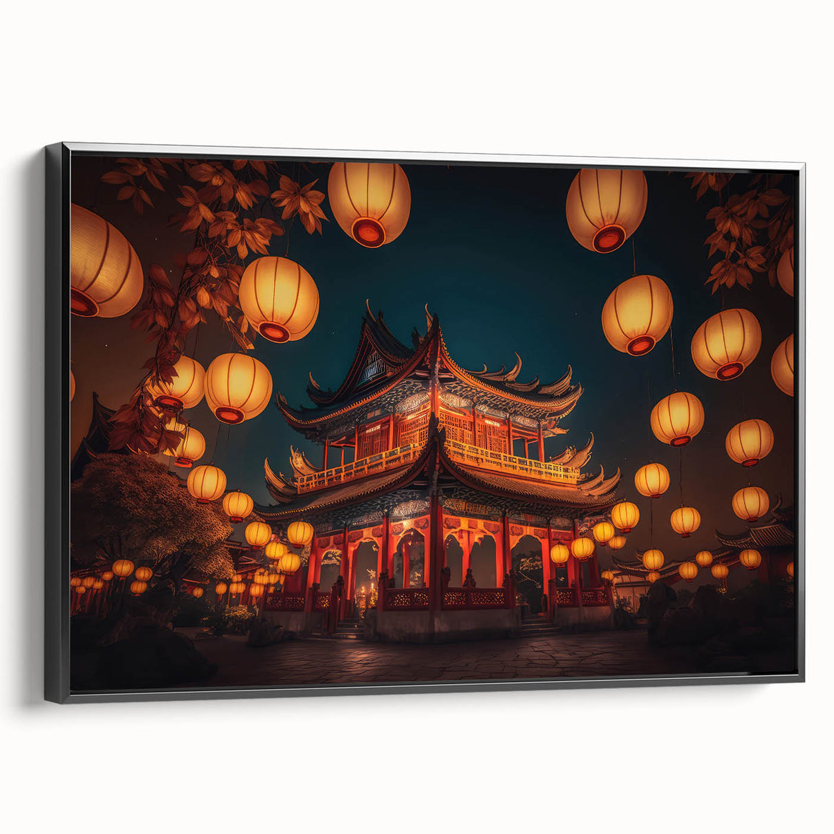Black and white wall art of a vintage Kyoto landscape on framed canvas, ideal for bedroom decor.