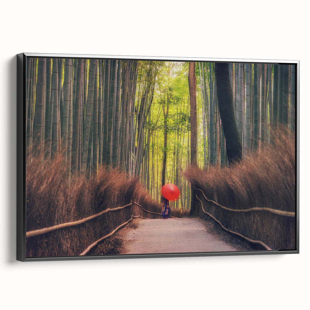 Black and white framed canvas of a vintage Japanese landscape, ideal for bedroom decor.