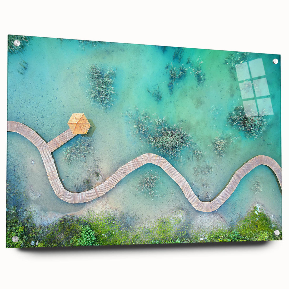 Acrylic print of a serene Maldives beach scene in soft blue and white tones, ideal for bedroom or dining room decor.