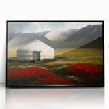 Large abstract wall art depicting a Mongolian landscape in muted earth tones on a framed acrylic print.