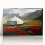 Mid-century modernist art depicting a scenic Mongolian landscape in muted earth tones on a framed acrylic print.