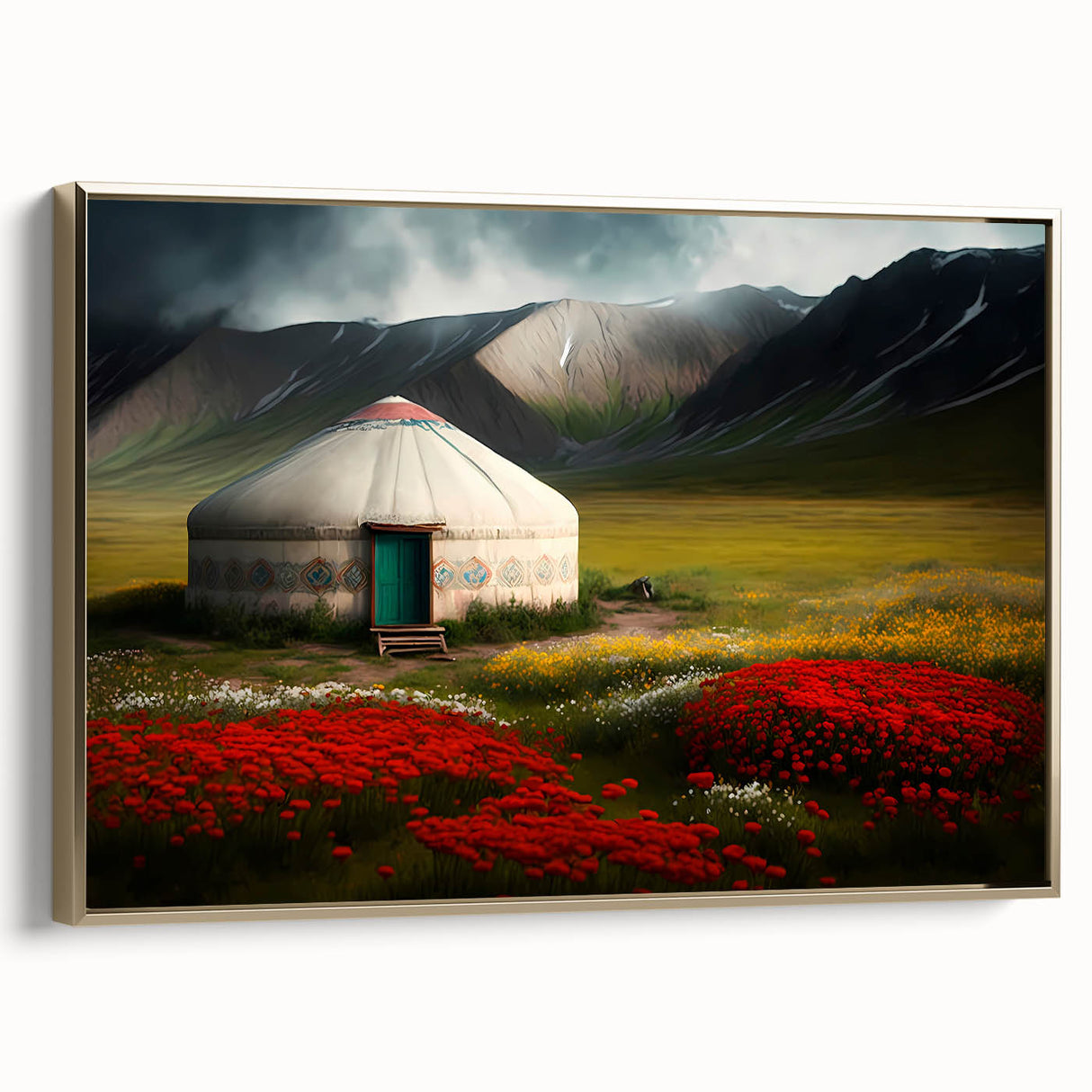 Framed canvas featuring a vintage-style Mongolian landscape in black and gold tones, ideal for bedroom wall art.