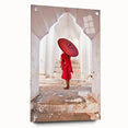Large abstract wall art depicting a Myanmar scenery in muted earth tones on acrylic glass.