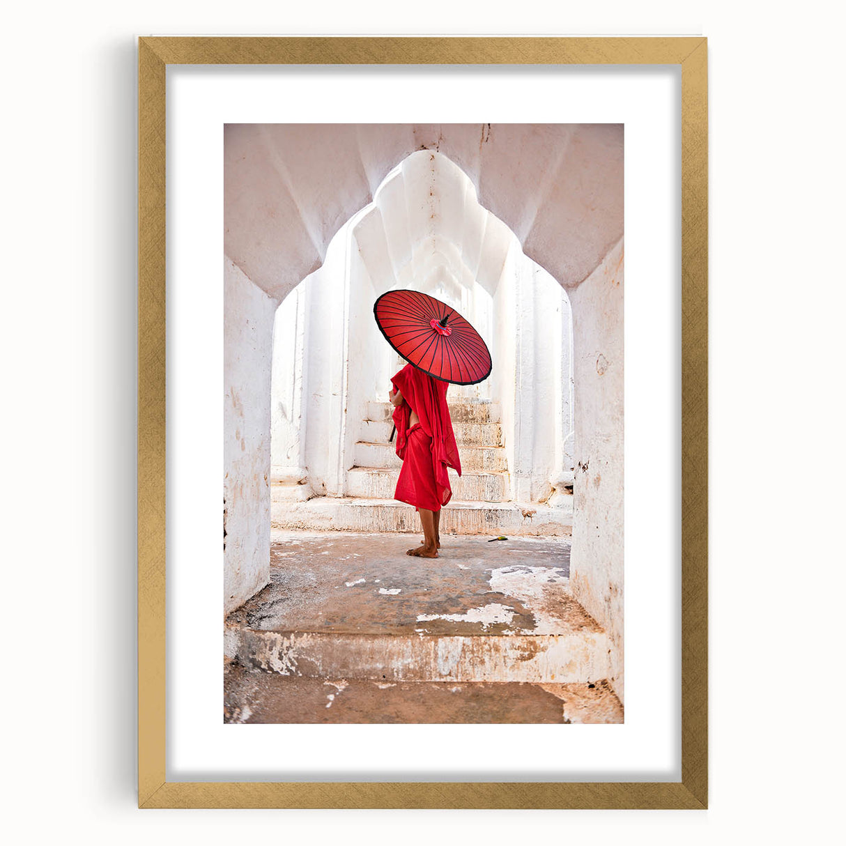 Extra large abstract art print of a textured Myanmar scenery in muted gold and earth tones, framed with a mat.