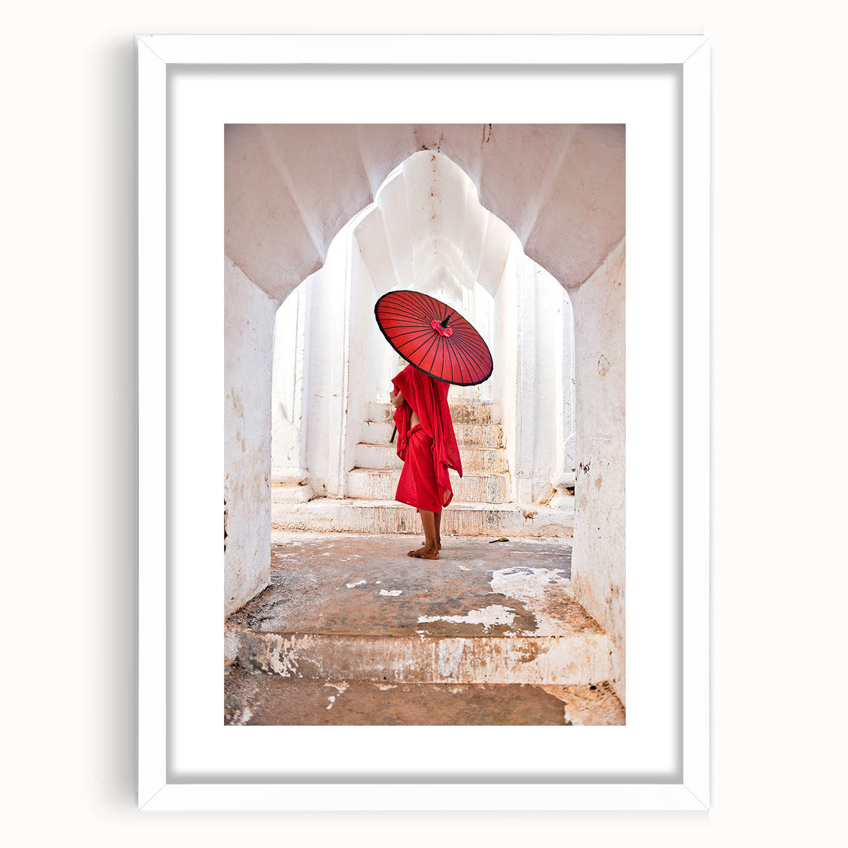 Abstract art print of a Myanmar scenery in muted earth tones on a framed canvas, ideal for dining room decor.