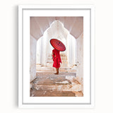 Abstract art print of a Myanmar scenery in muted earth tones on a framed canvas, ideal for dining room decor.