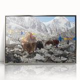 Mid-century modernist art of a Nepalese landscape, featuring muted earth tones on a framed acrylic print.