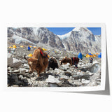 Rolled print of a Nepalese scenery with lush greenery and mountains, in muted earth tones, ideal for art wall dining room.