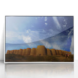 Acrylic print of a serene Pakistani landscape, framed in white, featuring soft pastel shades, ideal for nursery wall art.