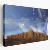 A panoramic canvas print depicting a serene Pakistani landscape in soft earth tones, suitable for kitchen wall art.
