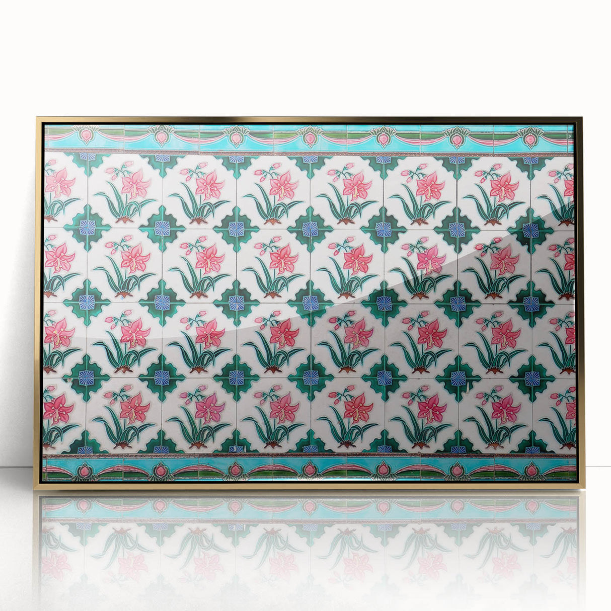 Framed acrylic print of a mid-century modernist Singapore skyline in muted gold and blue tones.
