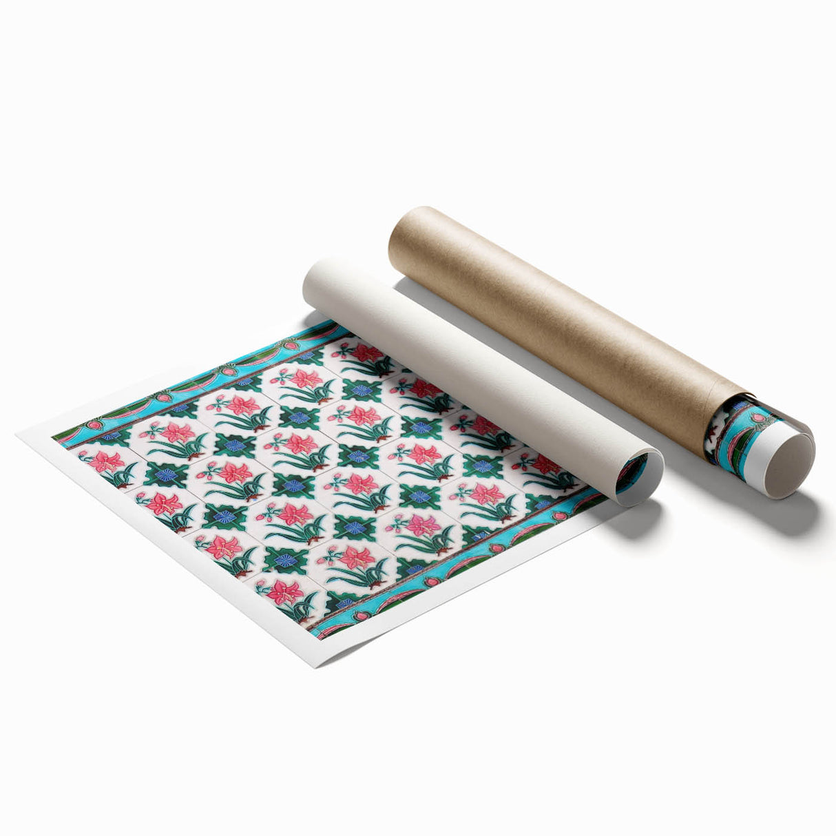 Extra large rolled print of Singapore skyline with pastel floral designs.